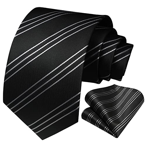 Image of HISDERN Mens Tie Striped Ties and Handkerchief Set Business Formal Woven Pocket Square Wedding College Stripe Necktie