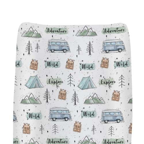 Adventure Camping Summer Baby Changing Pad Covers for Boy Girl Boho Camp Car Trees Fitted Changing Table Mats Summer Nature Wildlife Soft Diaper Changing Pad Sheets for 32''×16'' Contoured Pad