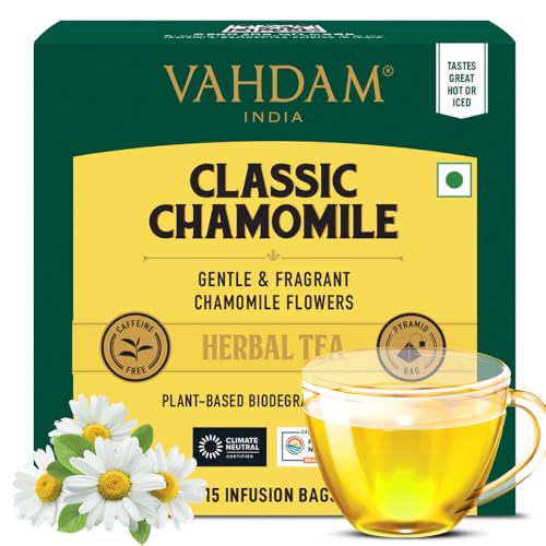 VAHDAM, Chamomile Herbal Tea Bags (15 Count) Caffeine Free, Non GMO, Gluten Free | 100% Pure Herbal Tisane - Sweet &amp; Floral | Whole Leaf Tea Bags | Resealable Ziplock Pouch