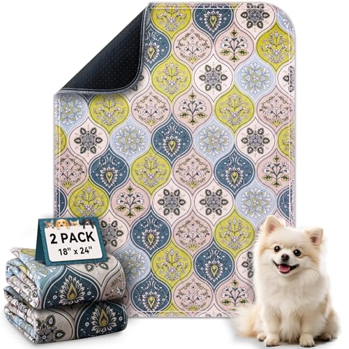 Washable Pee Pads for Dogs, Stylish Absorbent Reusable Training Dog Pads, Non-Slip and Leak-Proof Puppy Pads, Potty Pads for Crates, Whelping, Playpen, Bed and Floors, Cream/Multi 2 Pack 18" x24"