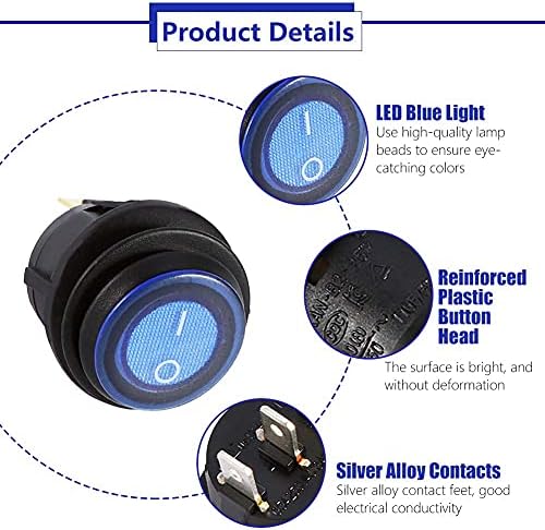 12V Rocker Switch, 12V 16A Car LED Rocker Switch, Auto Car Main Light Toggle Switch Illuminated Blue Light Round Rocker Switch Spst On-Off Control 3 Pin