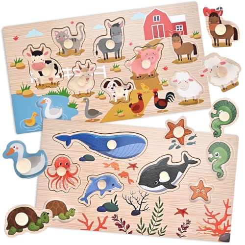 Image of Wooderma Wooden Peg Puzzles for Toddlers 1-3, 2 Pcs Montessori Educational Learning Puzzle Toy Sets - Animal & Sea Themes Puzzles, Great Preschool Gifts for Girls and Boys (6.29 * 11.61in)