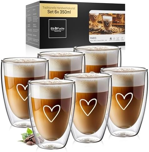 ElbFuchs® Latte Macchiato Gläser doppelwandig [6x 350ml] GESCHENKIDEE mit HERZ | Kristallklare Thermogläser doppelwandig | Ideal als Cappuccino Gläser | Kaffeegläser | Teegläser