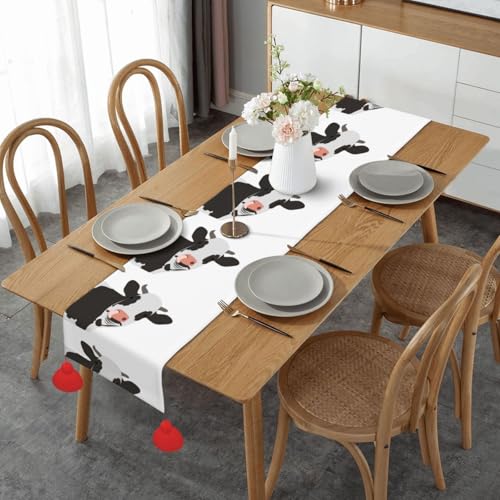 Chemin de table imprimé vache 35x152 cm avec pompons antidérapants