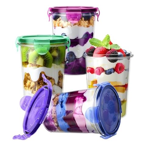 KEMETHY 4 Pcs Overnight Oats Containers with Lids, 16 oz Airtight Oats Jars, BPA Free Plastic, Reusable, Portable Meal Prep Containers Sets for Oatmeal, Yogurt, Cereal, Soup, Snacks, Milk and More Cover