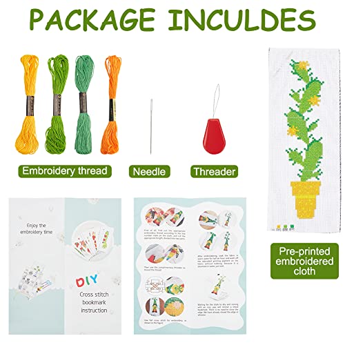 Image of INFUNLY Cactus Embroidery Bookmark Set - Counted Cross Stitch Bookmarks DIY Kit - Adult Book Lover Teacher Gift - Includes Threads, Needles, Fabric, Instruction