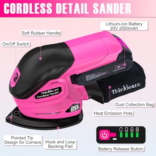 THINKLEARN Cordless Detail Sander with 2Pcs Batteries and Charger, 20V Electric Hand Sander with 22Pcs Sandpapers & Dust Collection System, Palm Sanding Tool for Woodworking, Polishing Wood Furniture by ThinkLearn - Image 2