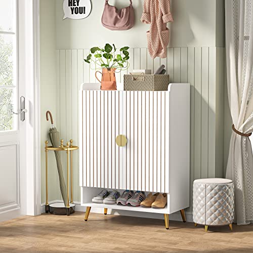 Tribesigns Shoe Cabinet with Doors, 6-Tier Shoe Storage Cabinet with Adjustable Shelves, Wooden Shoes Rack Shoe Storage Organizer for Entryway, Hallway, Closet, Living Room, White & Gold