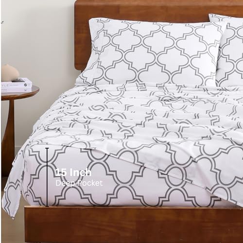 Image of LANE LINEN Eco Friendly 100% Organic Cotton Printed Twin Sheet Set, Soft & Comfy Hotel Style Percale Sheets, Low Pilling Naturally Temperature Regulating Cotton Printed Bed Sheet - Trellis Pattern