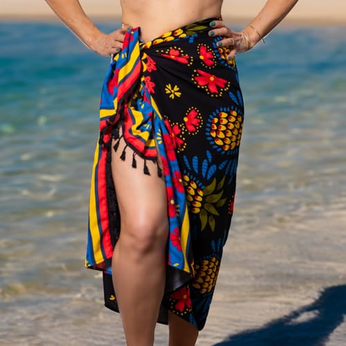 Marujá Beach Saída De Praia Em Viscolinho Preto Estampado Pareô Canga de Praia
