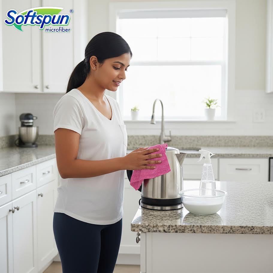 Image of SOFTSPUN Microfiber Cleaning Cloths 5pcs 40x40cms 340GSM Multi-Colour Highly Absorbent Lint and Streak Free Multi -Purpose Wash Cloth for Kitchen, Car, Window, Stainless Steel, Silverware.