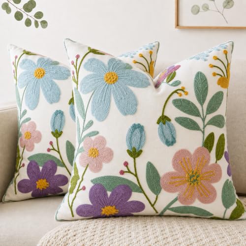 YOUR SMILE Floral Embroidered Throw Pillow Covers 18 x 18 Inch Set of 2, Cotton Canvas Decorative Cushion Covers for Couch Sofa Bed, Farmhouse Home Decor,Pastel Wildflowers
