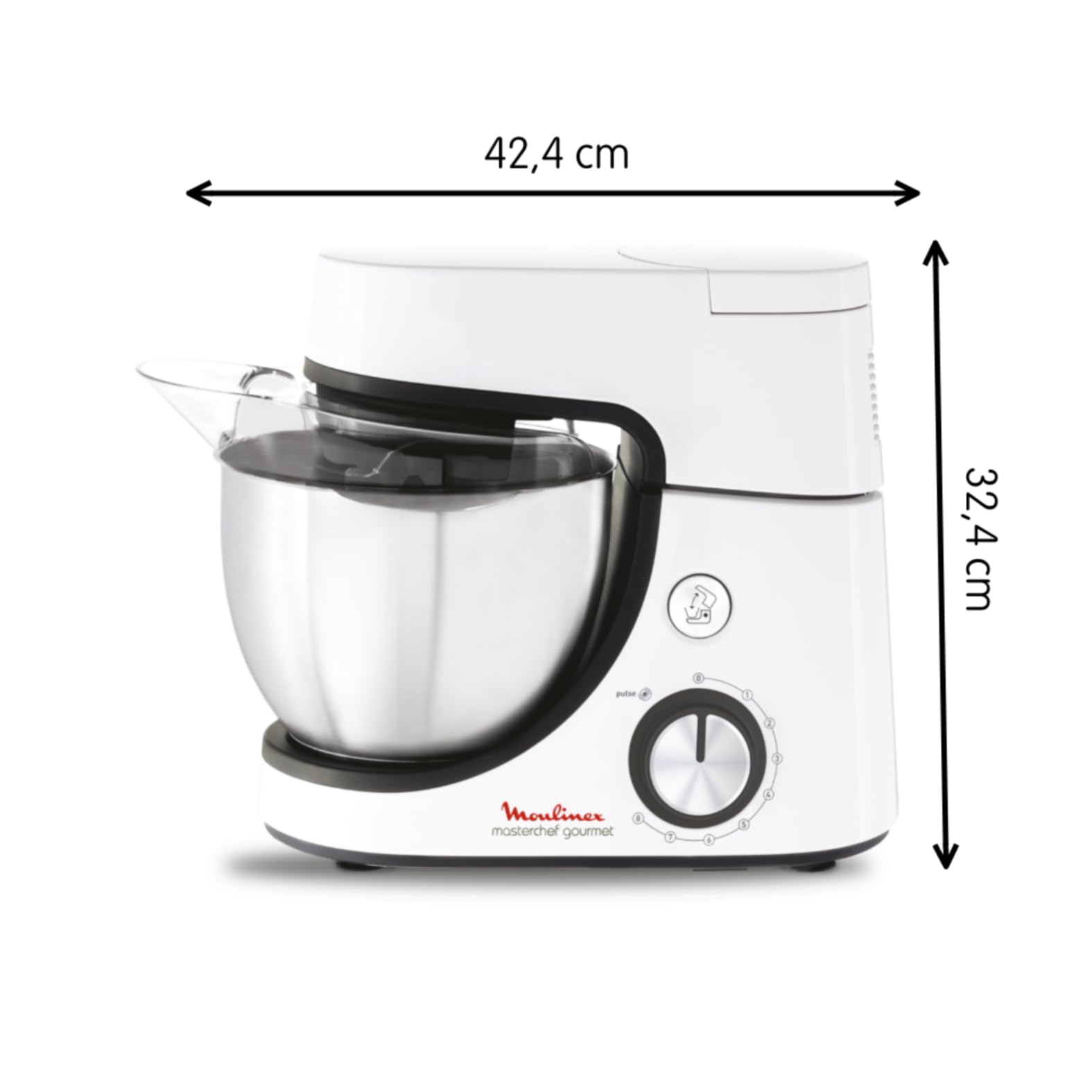 Moulinex Robot pâtissier, Capacité bol 4,6 L, 8 vitesses + Pulse, Technologie Fouet Whisk pour un fouettage parfait, Batteur et pétrin en fonte d'aluminium, 1100 W, Masterchef Gourmet blanc QA510110