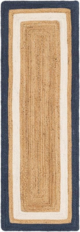 2x6 Ft Beige and Navy Blue & White Jute Area Rug, Hand-Woven, Handcrafted & Unique Designs, Farmhouse Boho Style, Durable & Pet-Friendly Rug for Living Room, Dining Room, and Bedroom