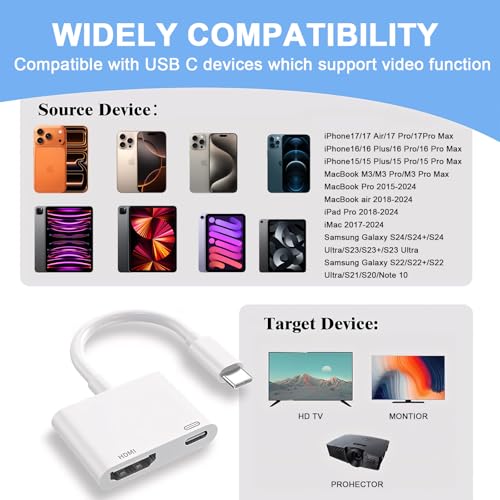 Image of [MFi Certified] Apple USB C to HDMI Adapter for iPhone 17 to TV,4K Type C Digital AV Adapter Sync Screen Connector with 100W Fast Charging Port for iPhone 17 /15 /16 Series MacBook Pro Air iPad Pro