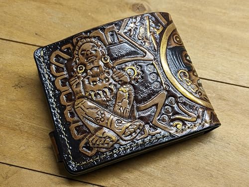 Men's 3D Genuine Leather Wallet, Hand-Carved, Hand-Painted, Leather Carving, Custom wallet, Personalized wallet, Airbrush Art, Aztec Design, Aztec Art, Mayan Calendar, Aztec Calendar, Mayan Art3