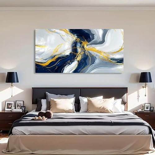 AEFOUU Abstract Wall Art Golden Navy Blue Flowing Lines Canvas Print, Modern Painting for Living Room Home Decor Posters(65x130cm/26x52in/Internal Frame)