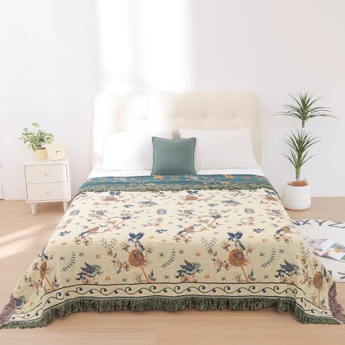 Boho 100% Cotton Large Throw Blanket - All Season Rustic Ultra Soft Breathable Floral Bird Blanket for Bed Sofa Couch Chair Bedspread Quilt Gift, 80" x 90"-Teal/Beige