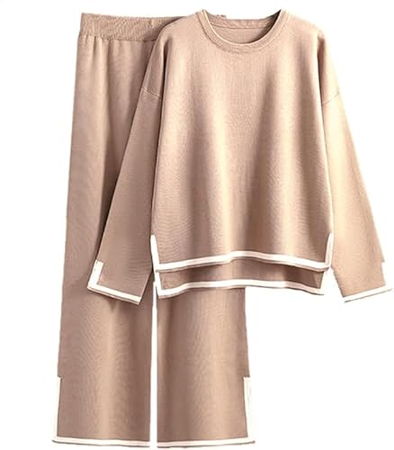 DONYKARRY Conjunto Dos Piezas Mujer 2 Pcs Casual Tejido Camisa manga larga y Pantalones verano otoño Deportivo Suelto Traje Cómodo Moda Color sólido ligera Talla grande (Caqui,L)