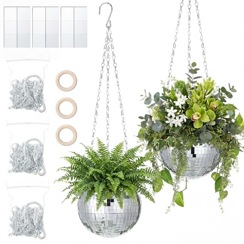 Novabright 2 Pcs 4 Self Watering Disco Ball Planters Mirror Disco Ball Hanging Planter Flower Pots with Chain and Rope Wood Hook for Stand for Desk Extra Mirror Pieces Gifts for Plant Lover
