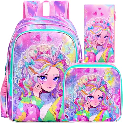 Image of CCJPX 3PCS Backpack for Girls, 16 inch Unicorn Water Resistant Preschool Bookbag with Lunch Box, Kids School Bags for Elementary Kindergarten Toddler