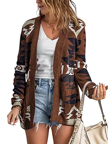 chouyatou Women's Tribal Aztec Print Sweater Open Front Knitted Jacquard Cardigan Sweater