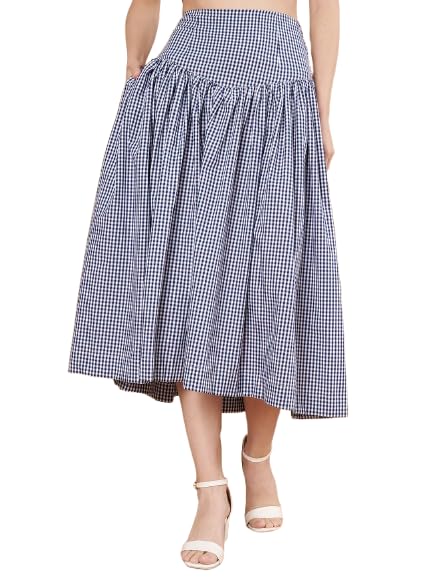 Gingham Check Pleated Midi Skirt for Women, Blue and White-picture-12