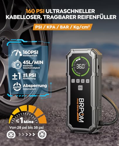 BRPOM Starthilfe Powerbank für Pkw mit Kompressor 160PSI,8000A 26800mAh Auto Starthilfe Powerbank für All Benzin und 12.0L Dieselmotor,Starter Powerbank Eingang/Ausgang und 600LUM LED-Licht