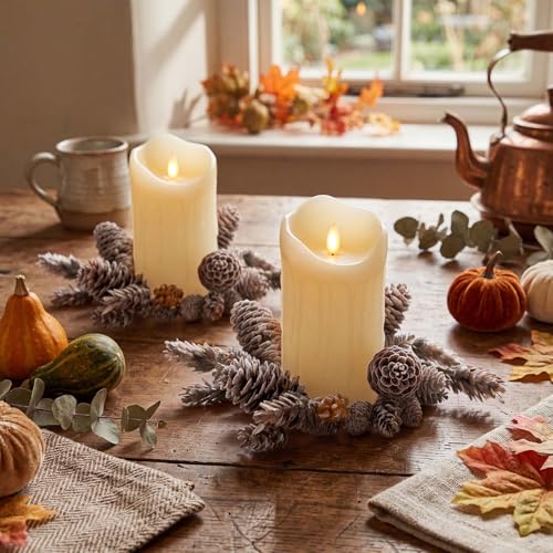 Daifunli 2 Pcs Christmas Fall Candle Rings Pine Cone Wreath Vintage Wreaths for Pillar 3.5 Inch Frosty Candles Holder for Winter Christmas Fall Home Rustic Table Centerpiece Decor