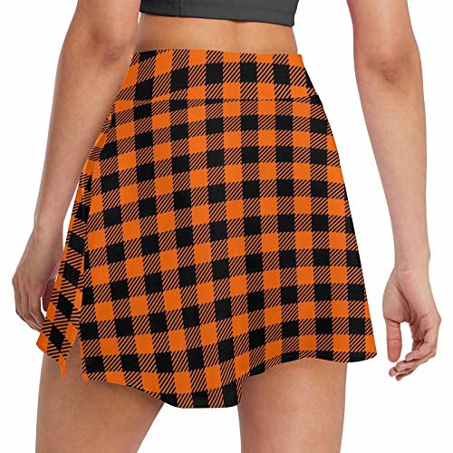 Interestprint Black And Orange Plaid Texture Women's Golf Short Skirt Athletic Stretch Elastic Waist For Tennis Hiking #TOP2