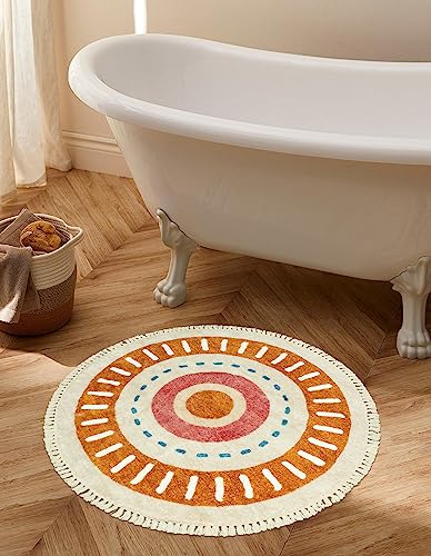 Lukinbox Boho Bathroom Rugs -2Ft Washable Round Area Rug, Soft Circle Bedroom Rug with Fringes, Small Colorful Non-Slip Sun Circular Rainbow Throw Rugs for Kids Room Chair Sofa Entryway