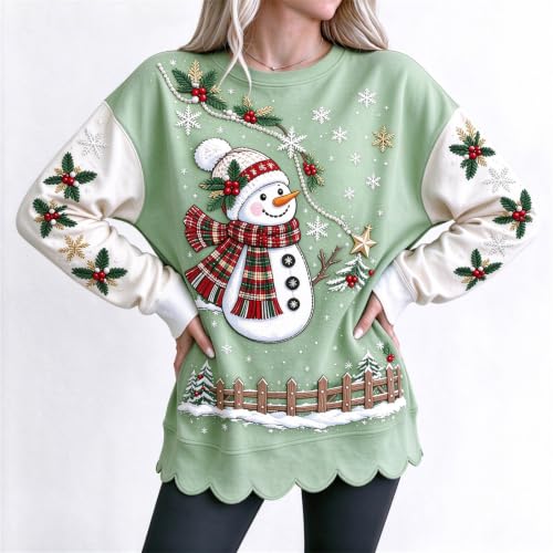 Christmas Sweatshirts for Women Graphic Scalloped Hem Comfortable Pullover | Winter Trends for Women 2026, Christmas, Snowman, Cotton, Cozy, Family, School, Weekend, Everyday, Travel, Casual, Work - image 3