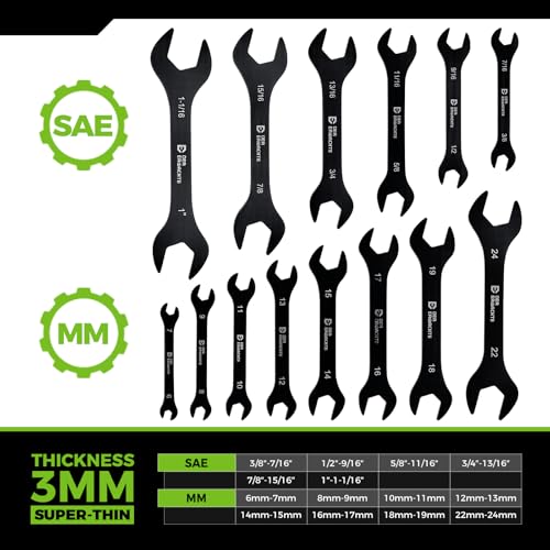 Image of Der Erwachte Super-Thin Open End Wrench Set, 14-Piece SAE & Metric Sizes, 6mm to 24mm, 3 /8 inch to 1-1 /16 inch, Black Electrophoretic Coating, Ultra-Slim with Mechanic Rolling Pouch