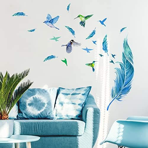 Blue Feathers Wall Decals Stickers, Removable Watercolor Hummingbird Feather Wall Stickers, DIY Mural Art Decor for Kids Girls Bedroom Nursery Classroom