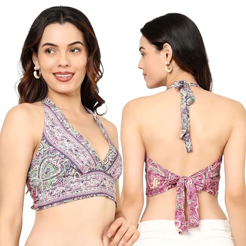 Image of KE KANHA EXPORTS Halter Neck Wrap Top|top for Women|Backless Tops for Women|Halter Neck Tops|Adjustable wrap Waist|Boho Beach Border Print|Easily fits S-M|Bust30-36Inch|LengthUpTo 18Inch