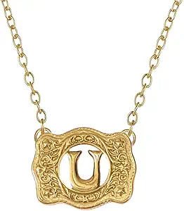 14K Gold Belt Buckle Necklace Western Style Initial Letter Pendant Necklace, Decorative Belt Buckle Frame Design