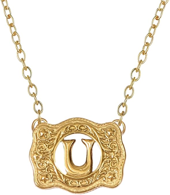 14K Gold Belt Buckle Necklace Western Style Initial Letter Pendant Necklace, Decorative Belt Buckle Frame Design
