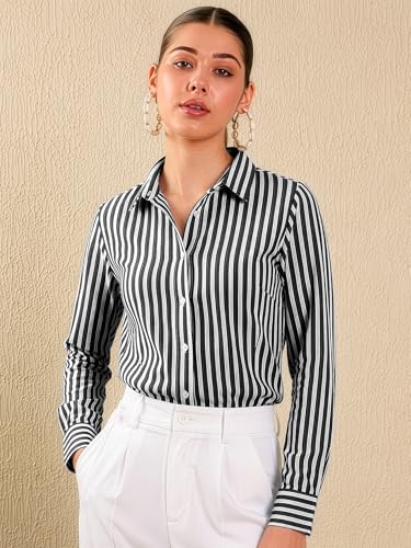 Image of Aahwan Solid Button Up Drop Shoulder Vertical Stripe Pattern Casual Long Sleeve Shirt for Women's & Girl's