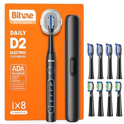 Bitvae ADA Accepted Electric Toothbrush, Travel Toothbrush Rechargeable for Adults and Kids, 60-Day Battery, 5 Modes, 8 Heads, Portable Travel Case & Holder, Shadow Black