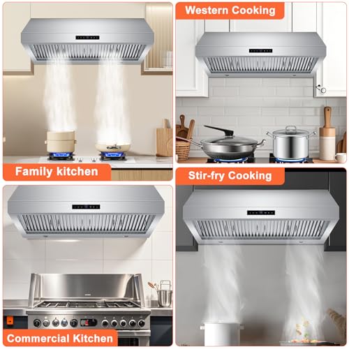 48 Inch Wall Mount Range Hood 1200CFM, 4-Speed Wall Mount Range Hood with Touch Control