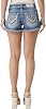 Miss Me Womens Mid-Rise Frayed Jean Shorts with Faux Flap Pockets, Wings, Red & Silver Embellishment