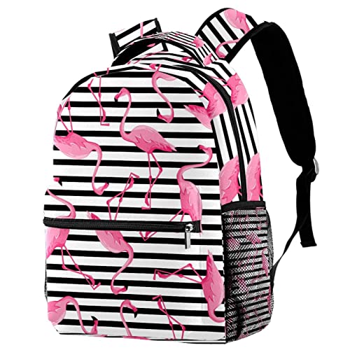 Sac à dos campus à motif flamant rose rayé pour voyage et étudiante