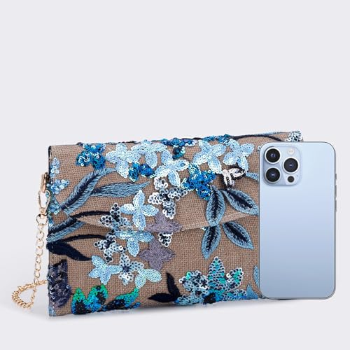 Image of Clutch Purses for Women, Envelope Package, Sequin Embroidered Flowers Straw Bag, Bohemian Handmade Handbags