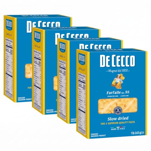 De Cecco Farfalle No. 93 Pasta, 16 Oz, Authentic, Slow Dried, Made with Durum Wheat, Versatile Pasta for Sauces & Recipes, Made in Italy (Pack of 4)
