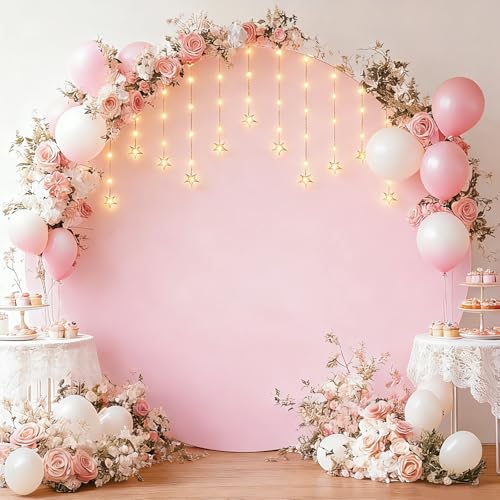 Patioman 7.2FT Round Backdrop Cover with Fairy Lights for Wedding Arch Stand, Wrinkle-Resistant Circle Balloon Arch Cover with LED Lights for Wedding Birthday Party Baby Shower Ceremony Decor, Pink