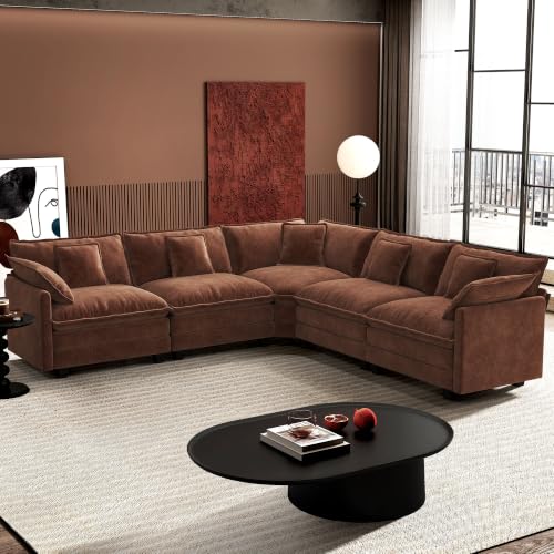 Image of Ihanherry 114 inch V-Shaped Modern Sofa Modular Sectional Luxurious and Comfortable with Corner Section, 5-Seat Chenille Deep Seat Sofa with 5 Pillows for Living Room, Bedroom and Apartment, Brick Red