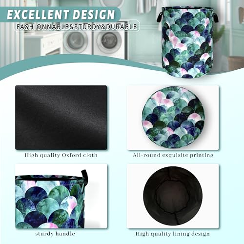 Image of Green Mermaid Scales Laundry Basket Oxford Cloth Hamper 18.9x16.5 Inch