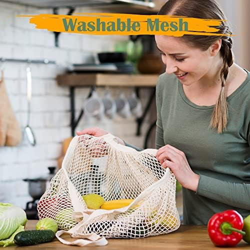 Greoer Net Bag String Bag, Net Shopping Bag, Washable Organic Cotton String Shopping Bags with Long Handle