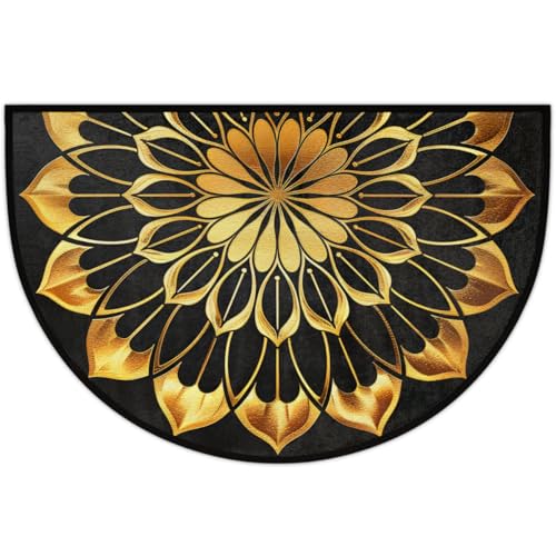 Image of Half Round Doormat Mandala Ethnic Gold Florals Non Slip Half Circle Area Rugs Indoor Washable Half Moon Rug Semi Circle Bathroom Runner Mat Entrance Floor Carpet for Kithen Bedroom Fireplace Decor
