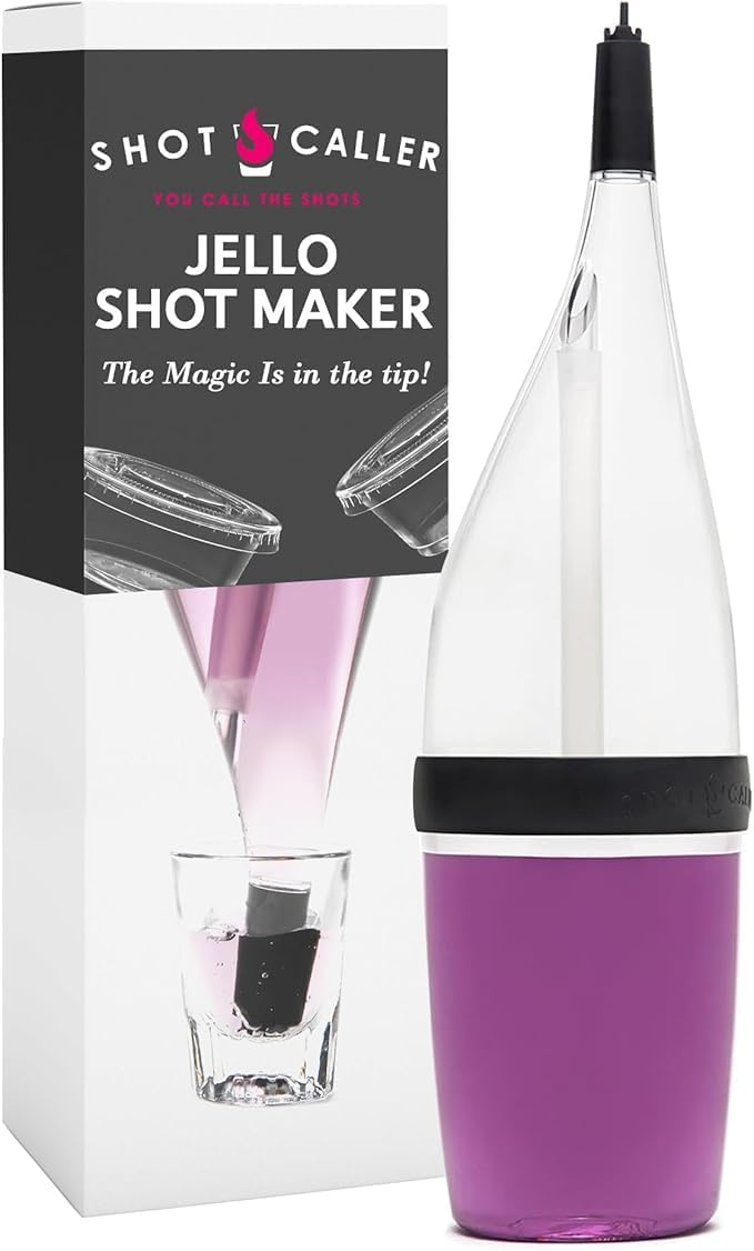Ultimate Jello Shot Party Pack Kit - Shot Caller Dispenser with Patented Spring Tip + Exclusive Recipe Book + 100 Count 2 oz Cups with Lids | No-Mess Fast Filling for Parties & Halloween